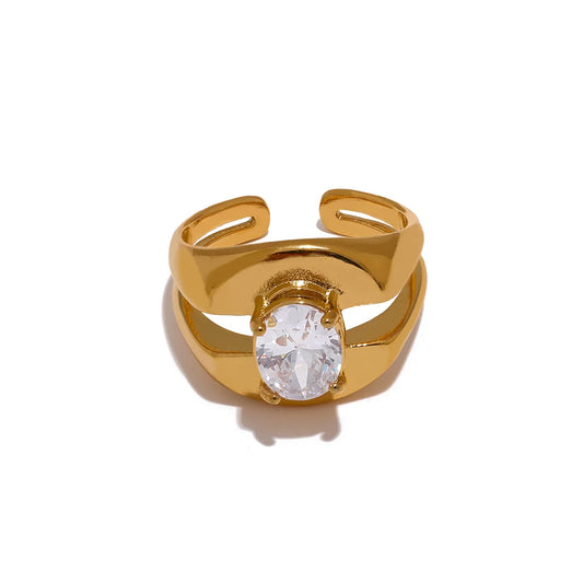 Yhpup Delicate Bling Cubic Zirconia Stainless Steel Wide Geometric Fashion Ring Texture PVD Plated Waterproof  Jewelry Gift