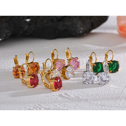 Yhpup Luxury Colorful Shiny AAA Cubic Zirconia Stainless Steel Round Ear Clasp Hoop Earrings Wedding Party Gift Delicate Jewelry
