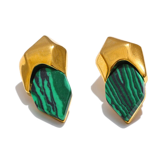 Yhpup 316L Stainless Steel Malachite Stone Geometric Green Stud Earrings High Quality Golden Fashion Jewelry Accessories Gift
