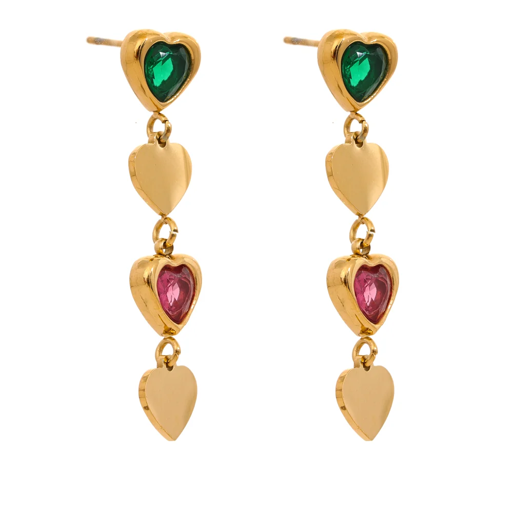 Yhpup Green Pink White Cubic Zirconia Stainless Steel Heart Drop Dangle Earrings Trendy Daily Fashion Korean Jewelry for Women
