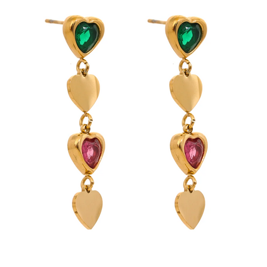 Yhpup Green Pink White Cubic Zirconia Stainless Steel Heart Drop Dangle Earrings Trendy Daily Fashion Korean Jewelry for Women