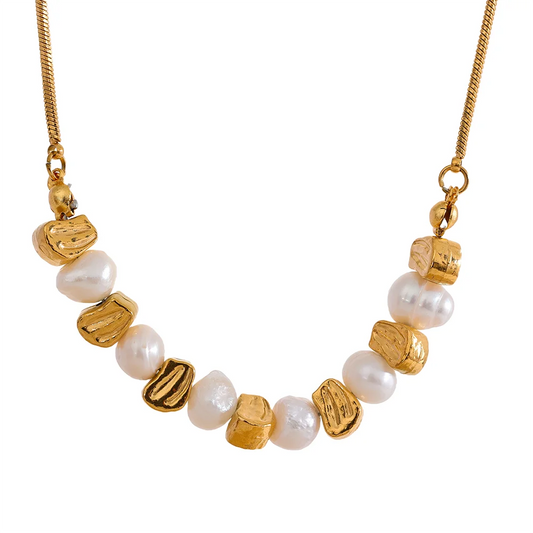 Yhpup Natural Freshwater Pearl Stainless Steel Beads Chain Necklace Bracelet Bangle Gold Color Vintage Handmade Jewelry Women