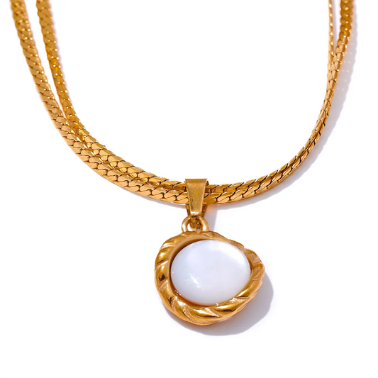 Yhpup Stylish Natural Shell Round Chic Pendant Necklace Water Resistant Stainless Steel Elegant Chain Temperament Jewelry Gift