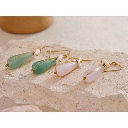 Yhpup Green Pink Natural Stone  Drop Earrings for Women Stainless Steel Vintage Elegant Chinese Style Fashion Jewelry Gift