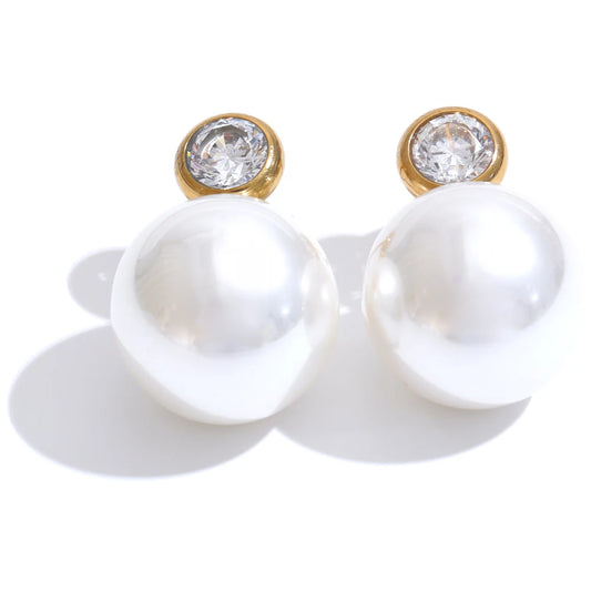 Yhpup Korean Style Imitation Pearls Zircon Round Classic Daily Stud Earrings Women Stainless Steel Charm Fashion Jewelry Gift