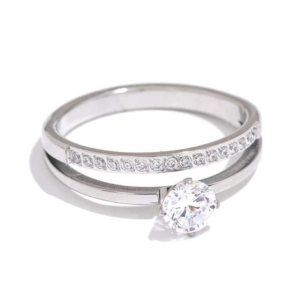 Yhpup Delicate Shiny Cubic Zirconia Stainless Steel Double Layer Classic Ring High Quality Women Gift Exquisite Romantic Jewelry