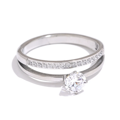 Yhpup Delicate Shiny Cubic Zirconia Stainless Steel Double Layer Classic Ring High Quality Women Gift Exquisite Romantic Jewelry