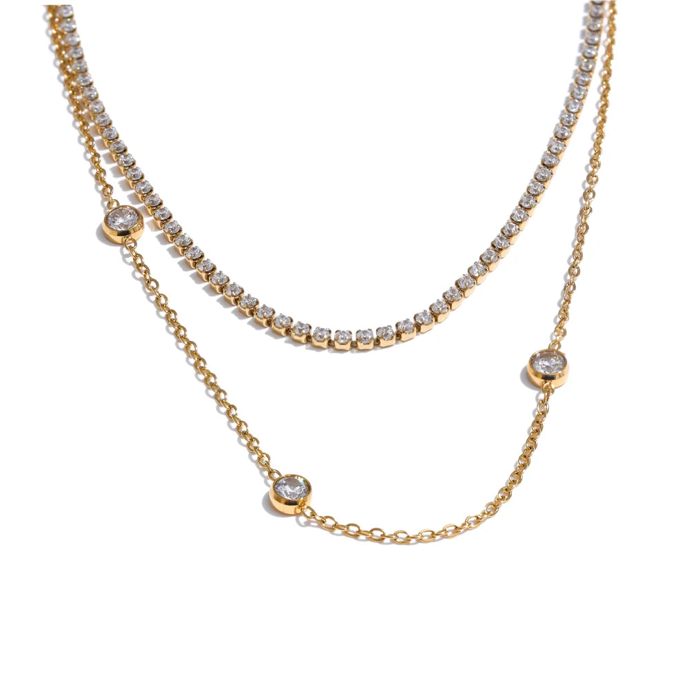 Yhpup New Arrivals Stainless Steel Double Layer Cubic Zirconia Chain Necklace for Women Temperament Delicate Premium Jewelry