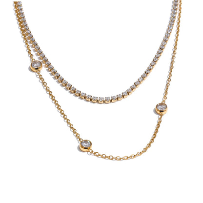 Yhpup New Arrivals Stainless Steel Double Layer Cubic Zirconia Chain Necklace for Women Temperament Delicate Premium Jewelry