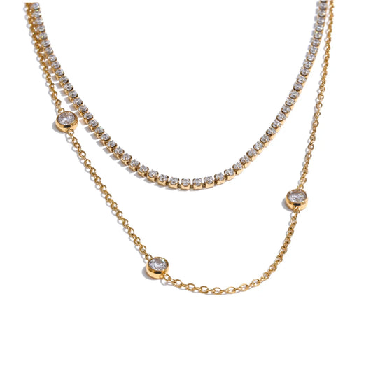Yhpup New Arrivals Stainless Steel Double Layer Cubic Zirconia Chain Necklace for Women Temperament Delicate Premium Jewelry