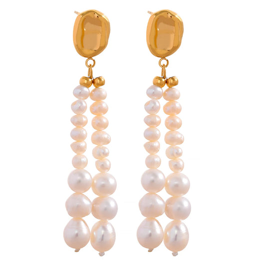 Yhpup Luxury Natural Freshwater Pearls Tassel Long Dangle Earrings Stainless Steel 18K Gold Plated Party Fashion Jewelry