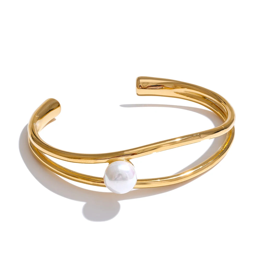 Yhpup New Stainless Steel Smooth Pearl Hollow Open Stylish Bracelet Bangle Minimalist Charm Fashion Wrist Jewelry for Women