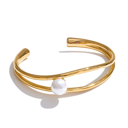 Yhpup New Stainless Steel Smooth Pearl Hollow Open Stylish Bracelet Bangle Minimalist Charm Fashion Wrist Jewelry for Women