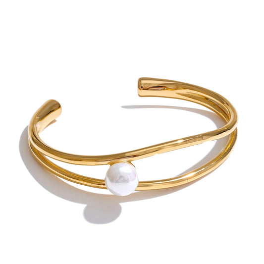 Yhpup New Stainless Steel Smooth Pearl Hollow Open Stylish Bracelet Bangle Minimalist Charm Fashion Wrist Jewelry for Women