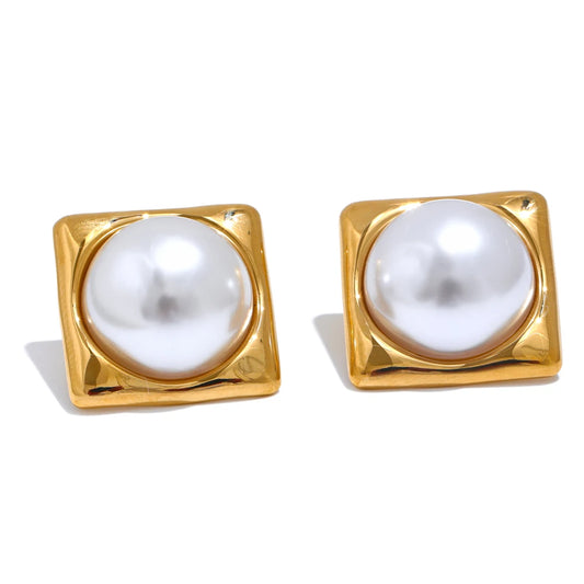 Yhpup 9g/pair Elegant Simulated Pearls Square Golden Stud Earrings for Women 316L Stainless Steel Fashion Classic Jewelry Gift