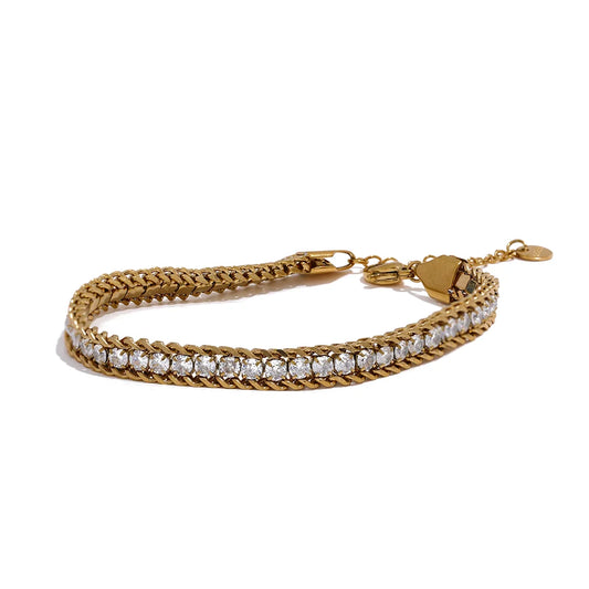 Yhpup Shiny Cubic Zirconia Stainless Steel Chain Gold Color PVD Plated Bracelet Bangle for Women High Quality Jewelry Waterproof
