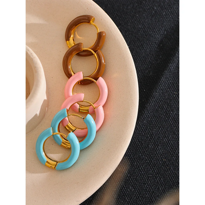 Yhpup 20mm Candy Color Blue Pink Brown Enamel Stainless Steel Hollow Hoop Earrings Golden Simple Trendy Y2K Sweet Jewelry Gift