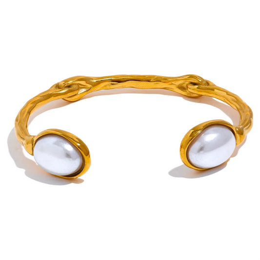 Yhpup Trendy Imitation Pearls Stainless Steel Gold Color Cuff Bracelet Bangle Rust Proof Metal Stylish Wrist Jewelry for Women