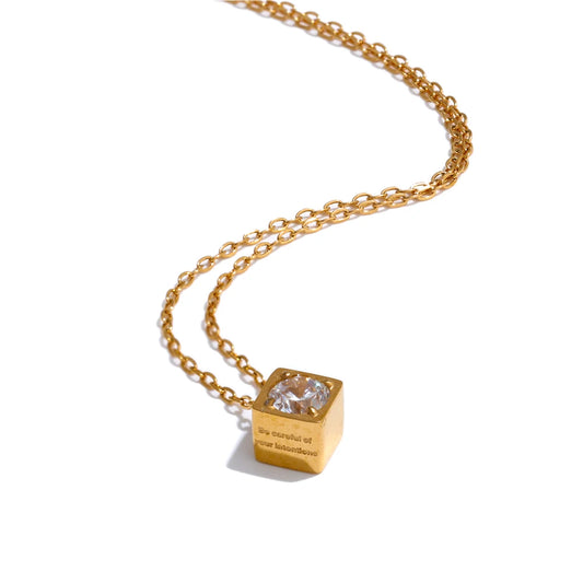 Yhpup “ Be Careful of Your Intention ” Delicate Stainless Steel Shiny Cubic Zirconia Square Necklace Pendant Chic Jewelry