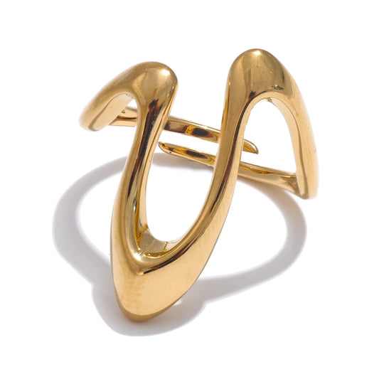 Yhpup Rust Proof Stainless Steel Metal U Shape Fashion Minimalist Adjustable Ring Fashion Jewelry Accessories Real Gold Plated