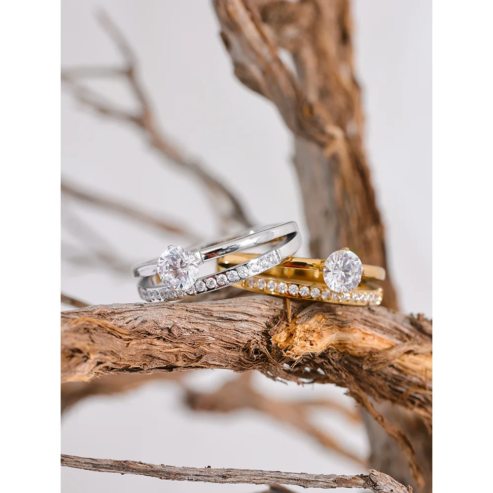 Yhpup Delicate Shiny Cubic Zirconia Stainless Steel Double Layer Classic Ring High Quality Women Gift Exquisite Romantic Jewelry
