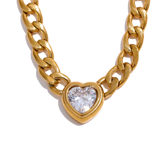 Yhpup Stainless Steel Golden Chain Link Heart Bling Zirconia Pendant Necklace 18K PVD Plated Waterproof Fashion Jewelry Unisex