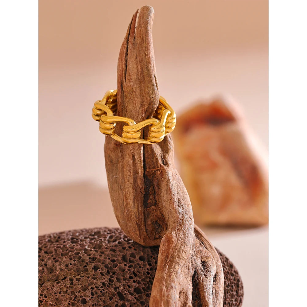 Yhpup Individualistic Stainless Steel Chain Hollow Ring Water Resistant Metal Statement Gold Color Charm Finger Jewelry New