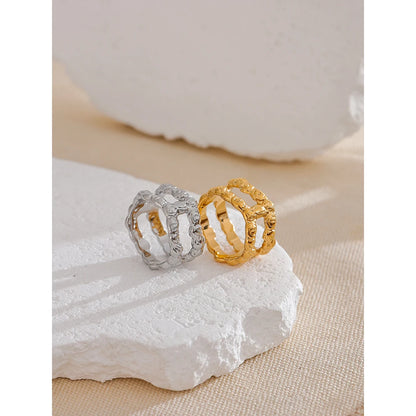 Yhpup Distinctive Stainless Steel Double Round Hollow Unusual Ring Water Resistant Metal Vintage Fashion Jewelry