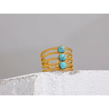 Yhpup Natural Turquoise Stone Stainless Steel Ring Summer Bohemia Woman Jewelry  Trendy Cheap Open Finger Ring Accessory