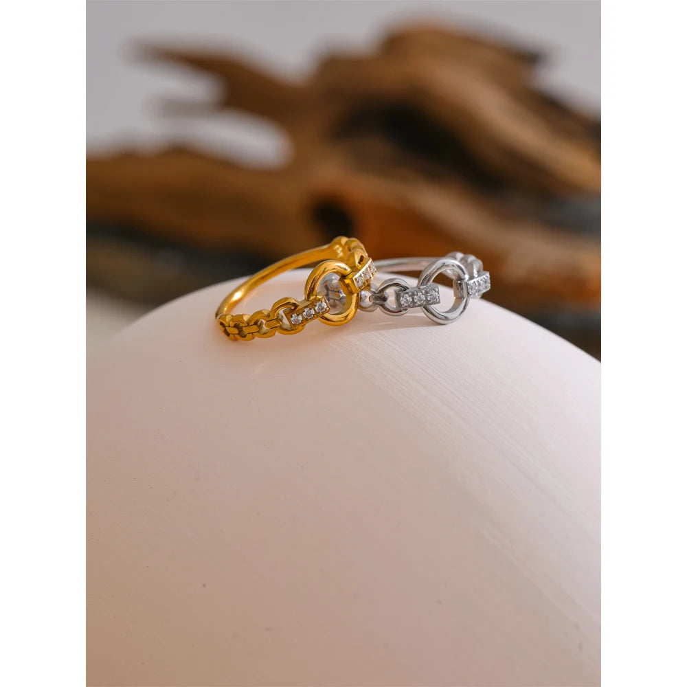 Yhpup 678# High Quality Stainless Steel Cubic Zirconia Setting Link Finger Ring Exquisite Stylish Jewelry Daily Gift for Self