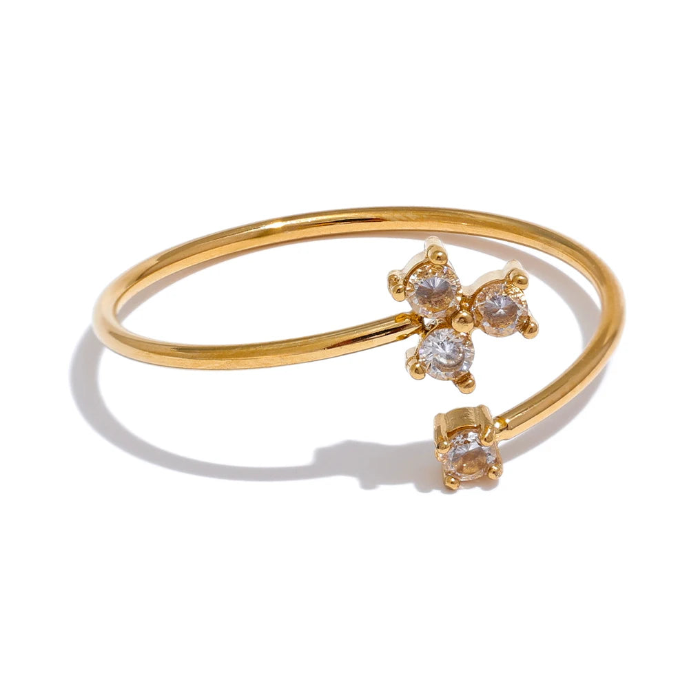Yhpup Delicate Bling Cubic Zirconia Flower Thin Adjustable Golden Ring Waterproof Stainless Steel Chic Korean Jewelry Gift