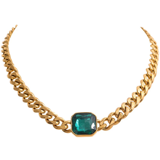 Yhpup Hyperbolic Gold Color Thick Cuban Chain Green Crystal Metal Texture Stainless Steel Statement Necklace Fashion Jewelry