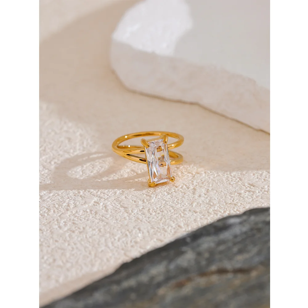 Yhpup Luxury Bling Cubic Zirconia Ring for Women Stainless Steel 18k Gold Color Geometric Simple Stylish Jewelry for Women Gift