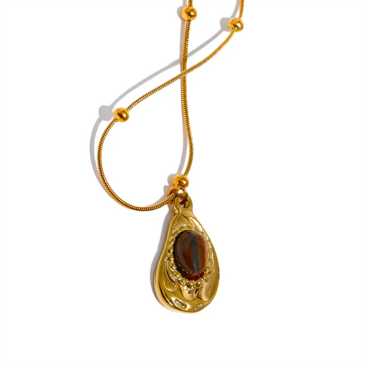 Yhpup Stainless Steel Cashew Drop Inlaid Natural Tiger Stone Pendant Necklace Rust Proof 18K PVD Plated Chain Neck Jewelry