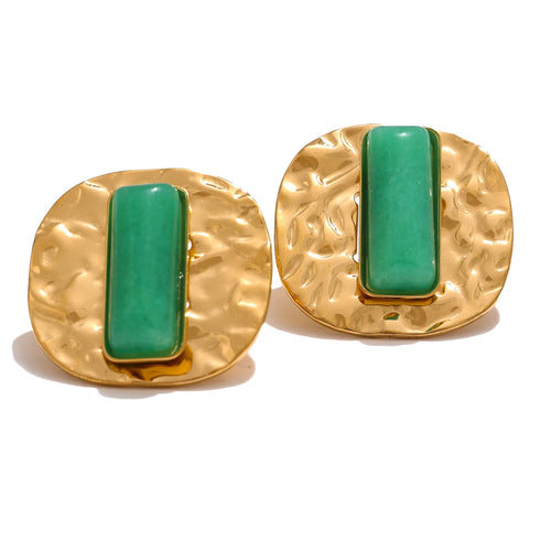 Yhpup Natural Stone Green Agate Square Hammer Fashion Stud Earrings Women Prevent Allergy Metal Attractive Daily Jewelry Gift