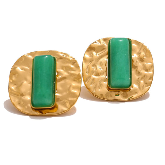 Yhpup Natural Stone Green Agate Square Hammer Fashion Stud Earrings Women Prevent Allergy Metal Attractive Daily Jewelry Gift