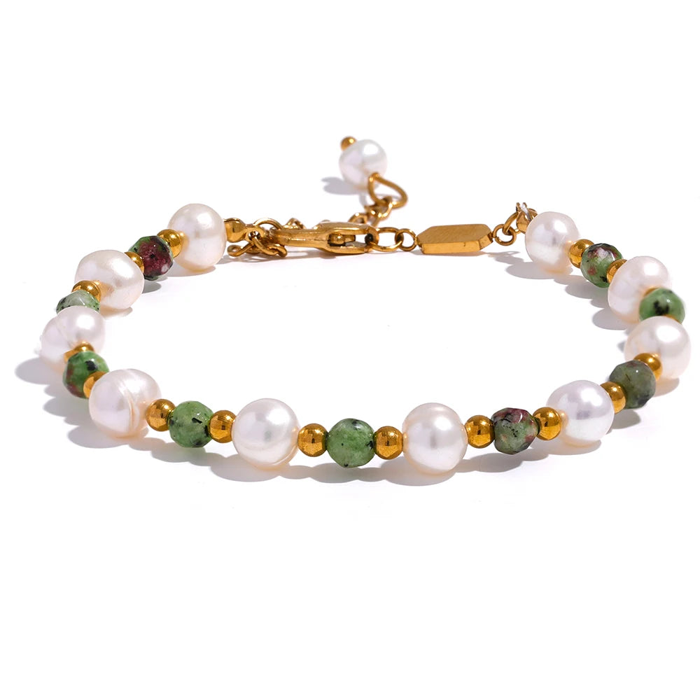 Yhpup Natural Stone Freshwater Pearls Fashion Handmade Stainless Steel Charm Jewelry Bracelet Bangle for Women Gift Waterproof