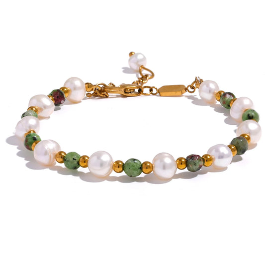 Yhpup Natural Stone Freshwater Pearls Fashion Handmade Stainless Steel Charm Jewelry Bracelet Bangle for Women Gift Waterproof