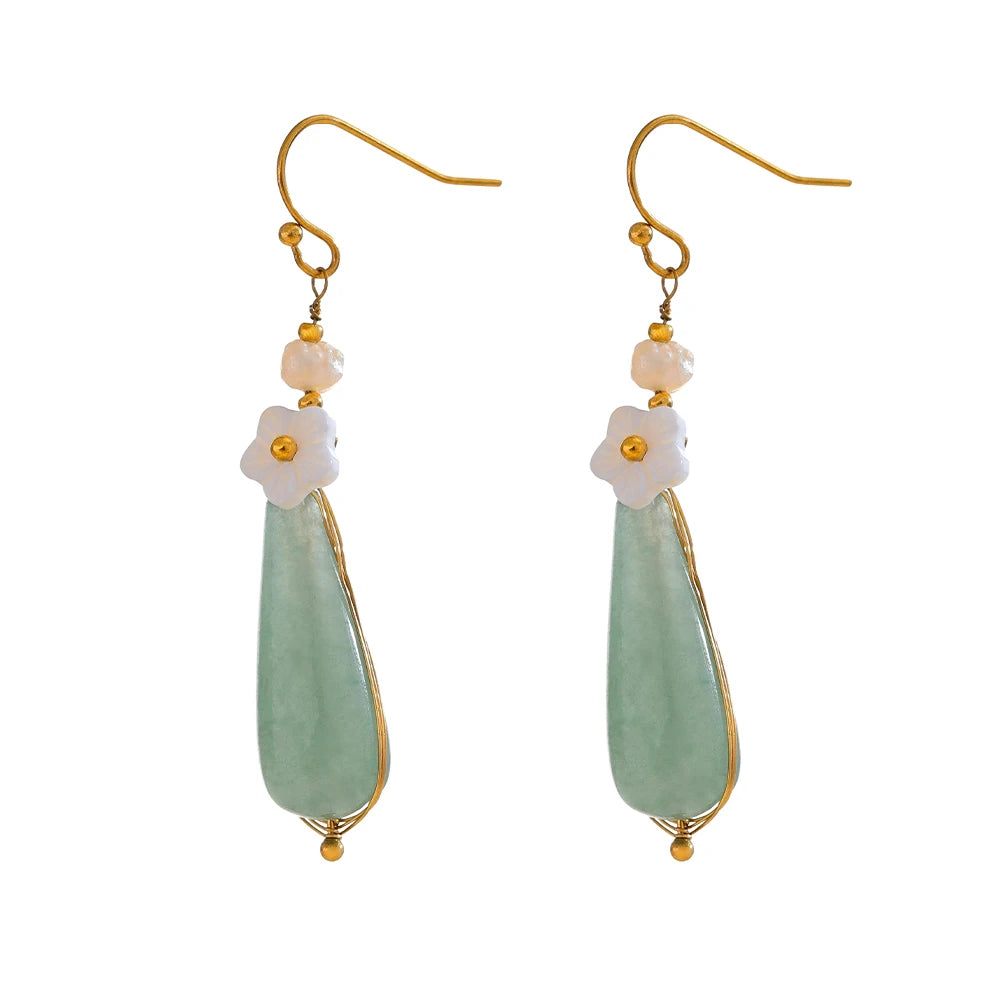 Yhpup Green Pink Natural Stone  Drop Earrings for Women Stainless Steel Vintage Elegant Chinese Style Fashion Jewelry Gift