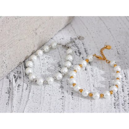 Yhpup Japan Imitation Pearls Handmade Chain Bracelet Bangle Stainless Steel Bead Elegant Stylish Korean Trend Jewelry Waterproof