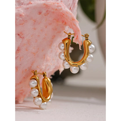 Yhpup Elegant Imitation Pearls Geometric Stainless Steel Huggie Hoop Earrings 18K Gold Color Waterproof Charm Trendy Jewelry