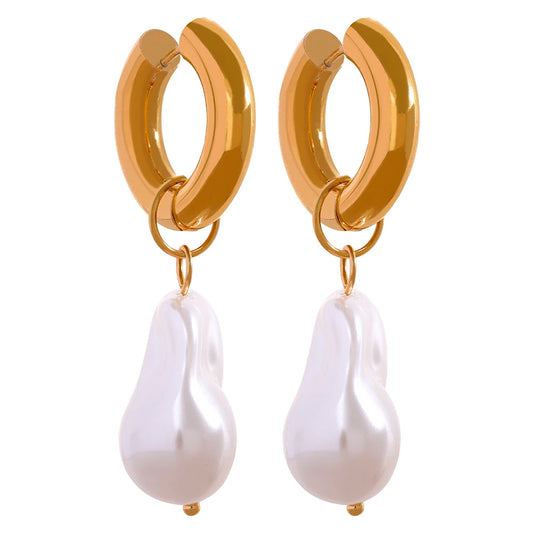 Yhpup Circle Drop Baroque Imitation Pearls Stainless Steel Trendy Gold Color Hoop Earrings Charm Vintage Trendy Jewelry Women