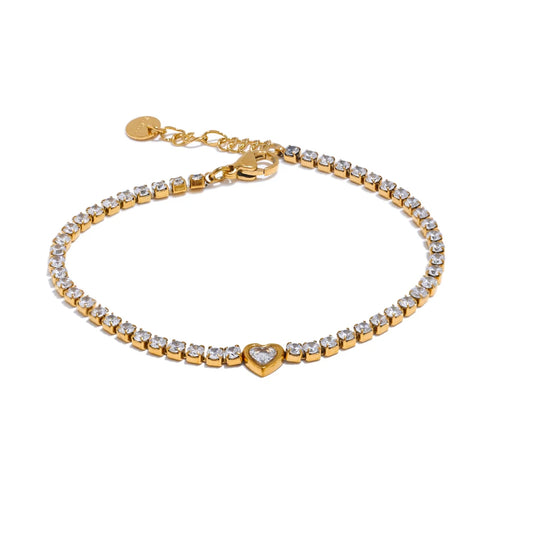 Yhpup Delicate Bling Cubic Zirconia Heart Chain Bracelet Bangle Exquisite Stainless Steel Shiny Waterproof Wrist Jewelry Gift