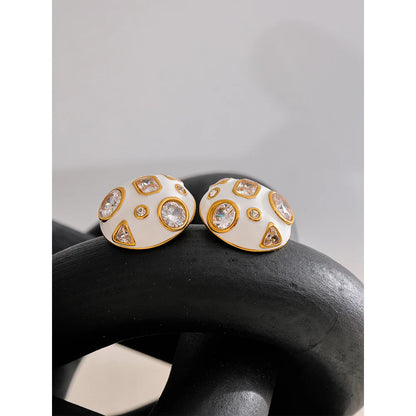 Yhpup Stainless Steel White Enamel inlaid Cubic Zirconia Charm Stud Earrings for Women Fashion Waterproof Jewelry