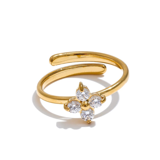 Yhpup Exquisite Stainless Steel Bling Cubic Zirconia Flower Adjustable Ring for Women Fashion Shiny Finger Jewelry New