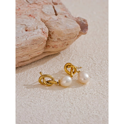 Yhpup Luxury Natural Freshwater Pearl Knot Drop Earrings Trendy Stainless Steel Exquisite High Quality Versatile Jewelry Gift