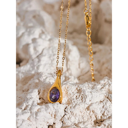 Yhpup High Quality Purple Cubic Zirconia Stainless Steel Water Drop CZ Pendant Fashion Necklace Delicate Women Chic Jewelry Gift