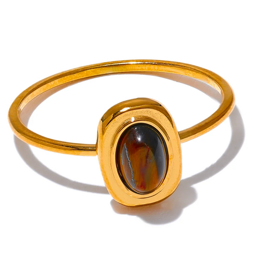 Yhpup Fashion Natural Stone Stainless Steel Oval Thin Chic Ring Women 18K PVD Plated Waterproof Jewelry Accessories Gift