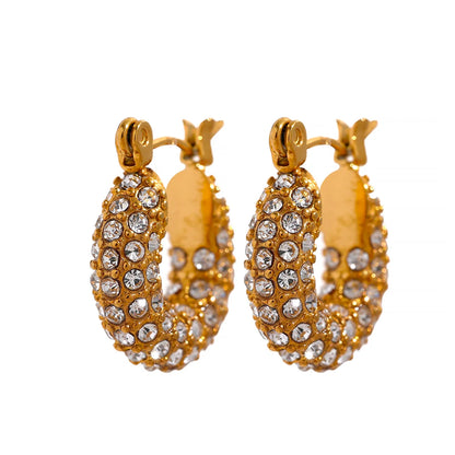 Yhpup Luxury Bling Cubic Zirconia Round Stainless Steel Chunky Huggie Hoop Earrings 18K Gold Color Texture Exquisite Jewelry