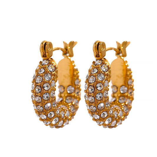Yhpup Luxury Bling Cubic Zirconia Round Stainless Steel Chunky Huggie Hoop Earrings 18K Gold Color Texture Exquisite Jewelry